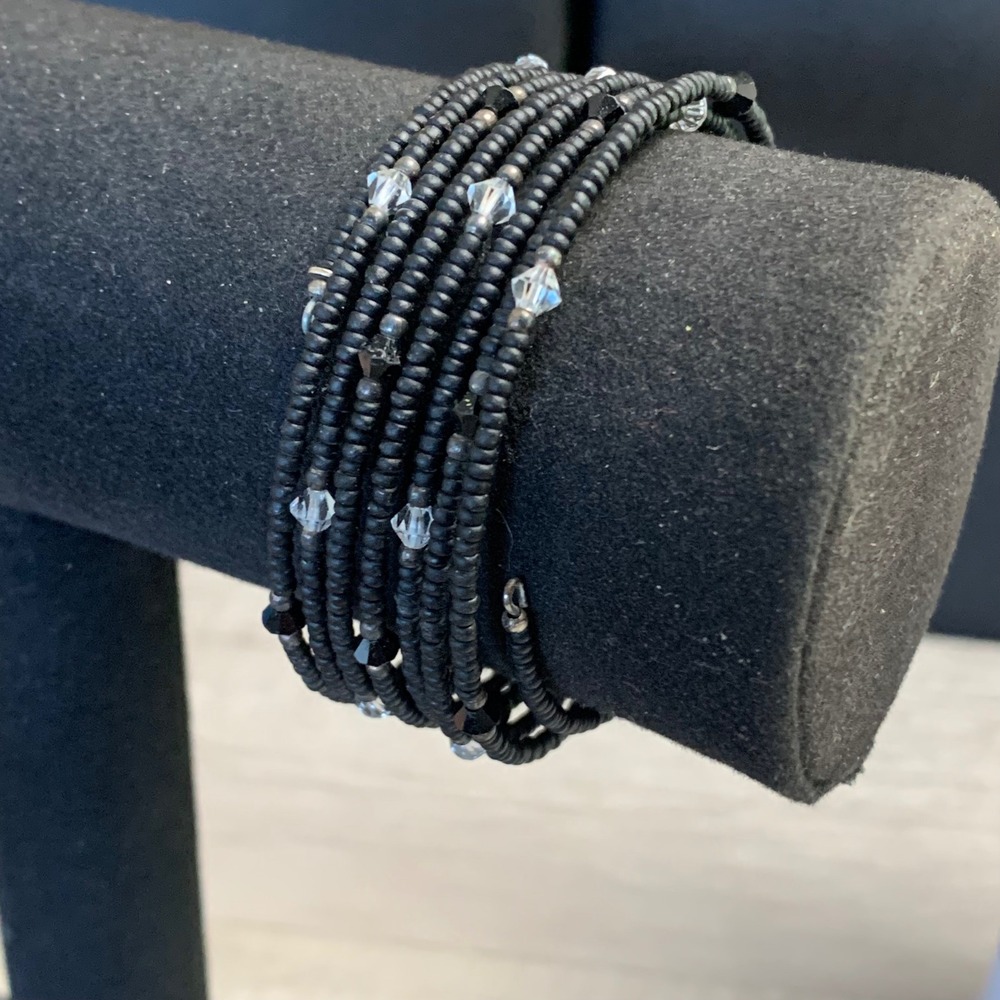 Black Seed Bead Memory Wire Wrap Bracelet Crystal Accents Multi Layer Coil